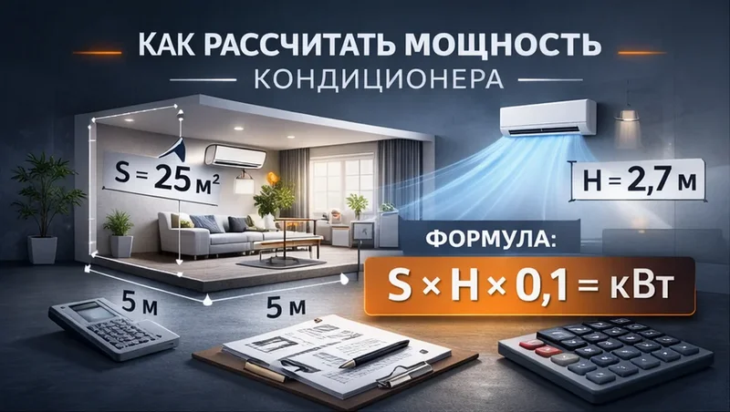 Расчёт мощности кондиционера по площади и высоте потолка — формула S × H × 0,1 для определения кВт на комнату