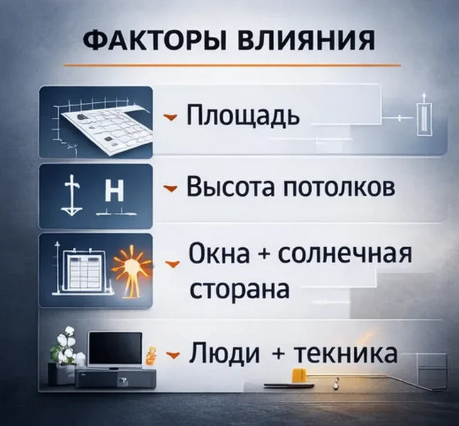 Факторы влияния на расчёт мощности кондиционера — площадь, высота потолков, окна, люди и техника